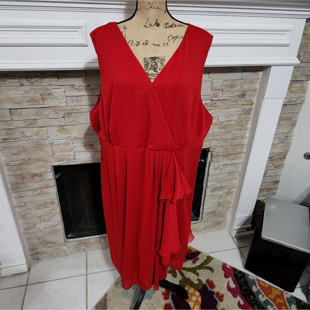 Avenue lady in Red ruffle‎ crepe midi dress plus size 26 new!!!